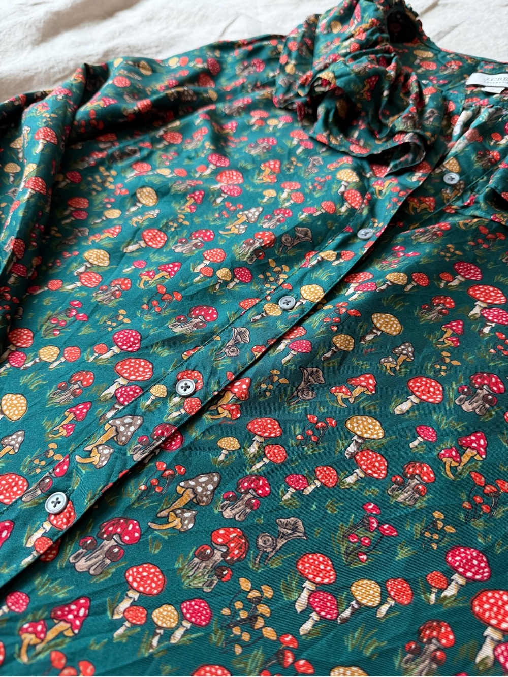 J. Crew collection 100% silk Forest Green Floral Ruffle-Trim mushroom Blouse - Picture 5 of 11